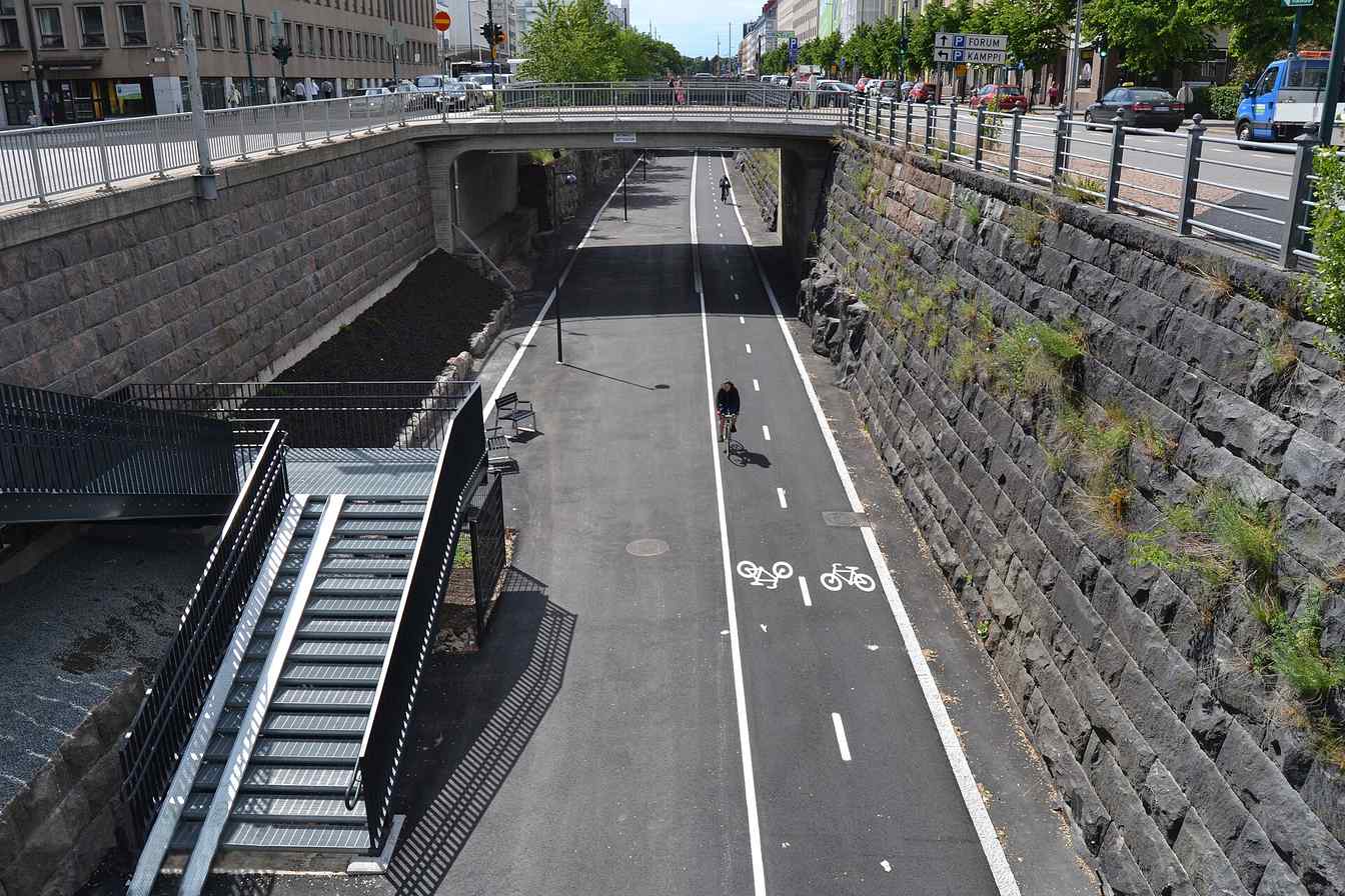 The Baana, a former railway cutting in central Helsinki turned into a separated cycling and walking corridor